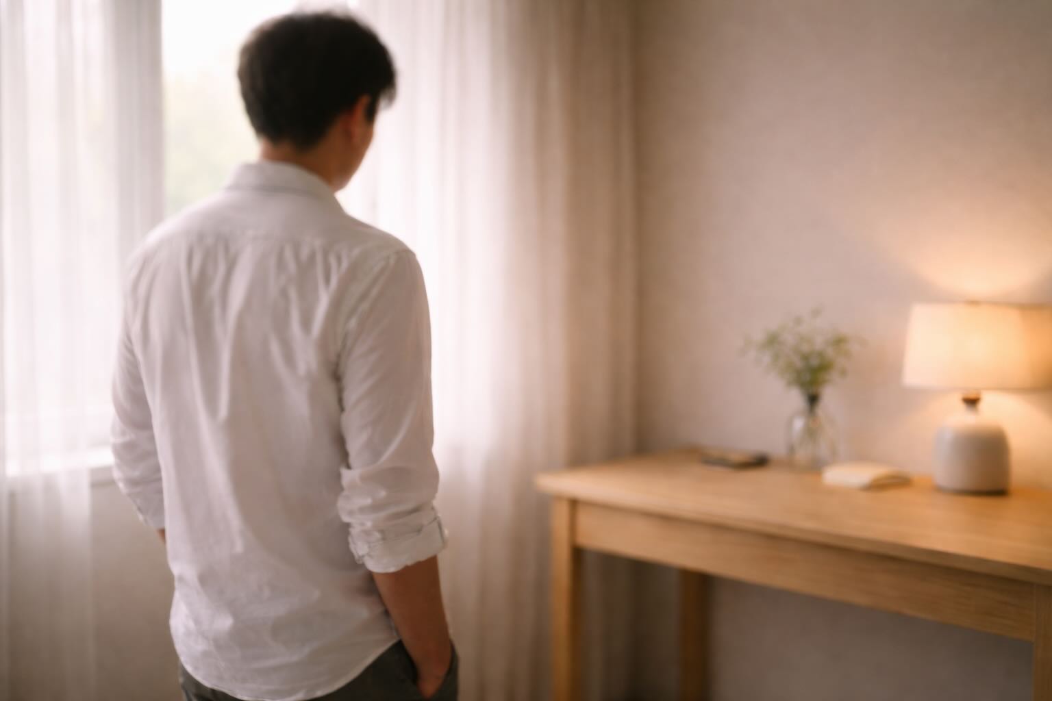 室内で立ち止まり、清潔感や日常の印象を考える40代男性の後ろ姿